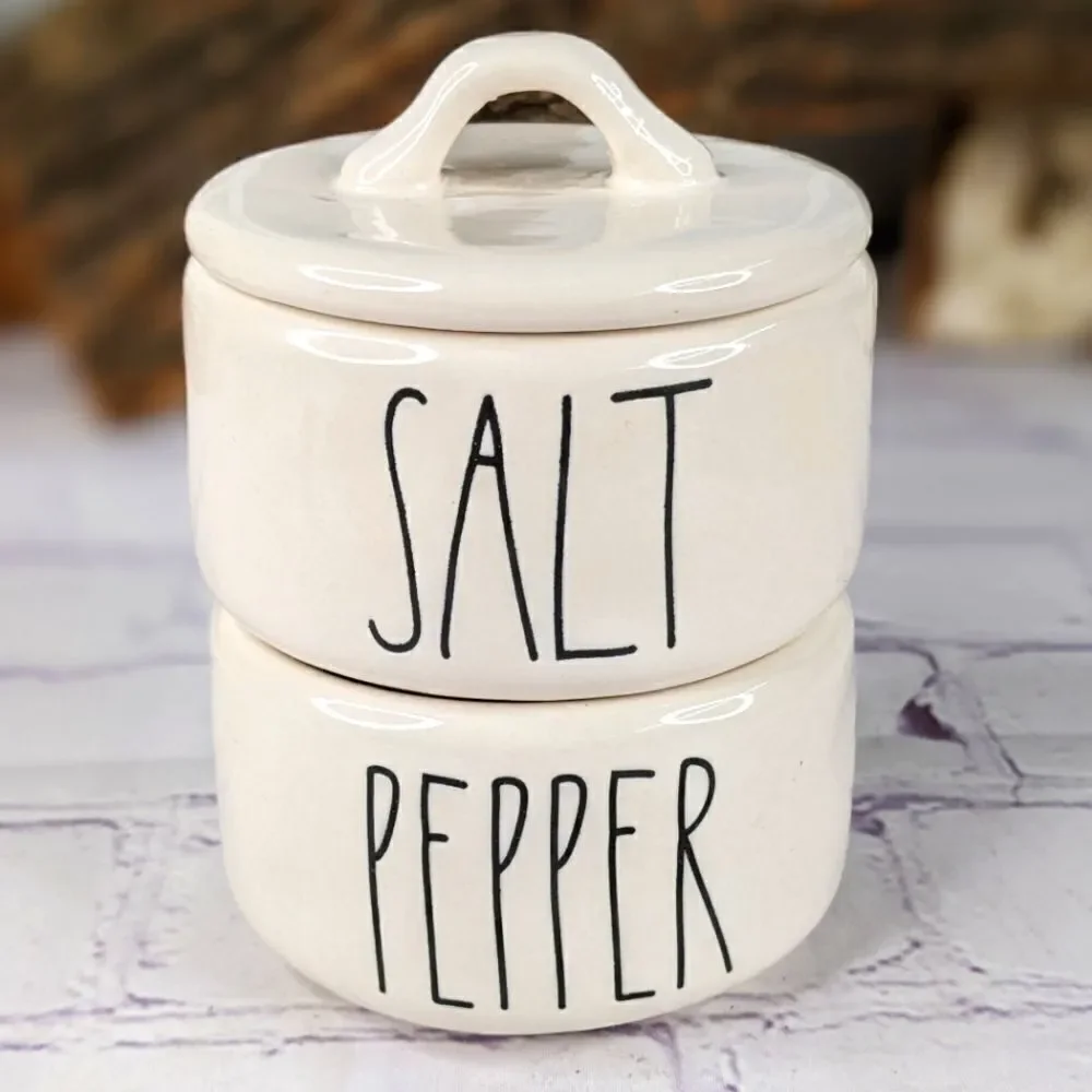 Rae Dunn SALT & PEPPER Ceramic 2 Piece Stacking Cellar Set with Lid